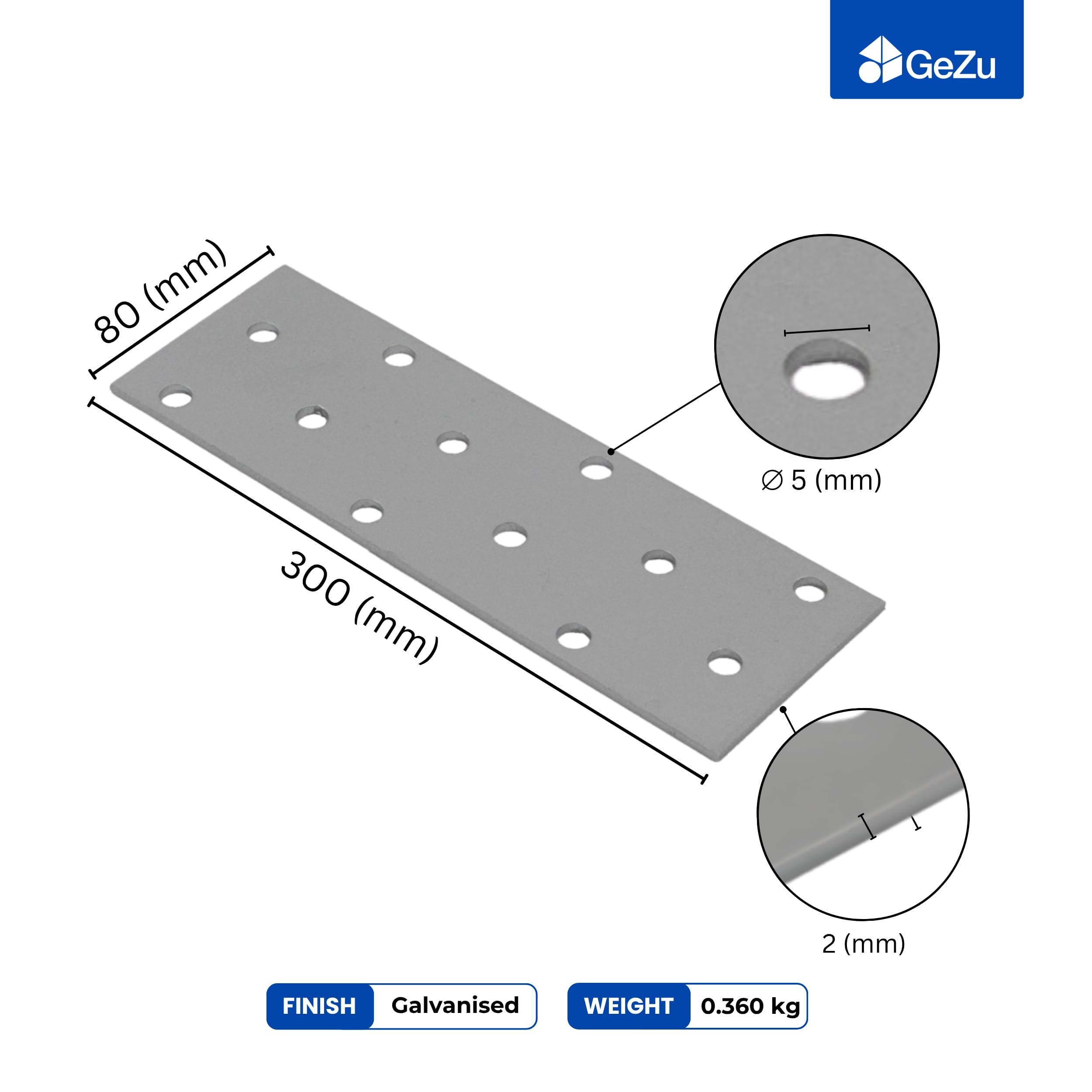 GeZu Impex Piastre di Collegamento 80 x 300 mm Zincato Set di 10 Metallico Perforato Piatto Piastre di Collegamento in Lamiera per Legno