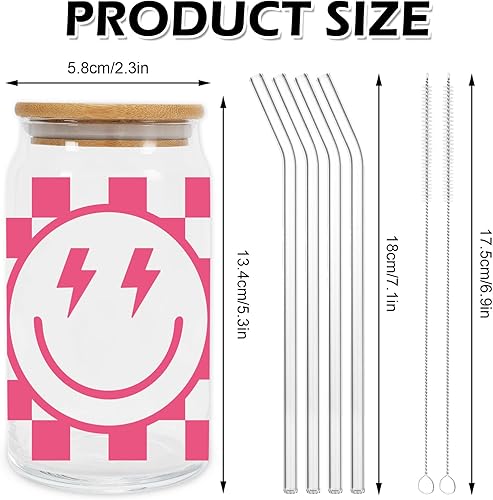 Miniatura 2 de Whaline Paquete de 4 vasos a cuadros de preparación con cara feliz, 16 onzas, café helado con tapa de bambú y popote para cóctel, whisky, cerveza,