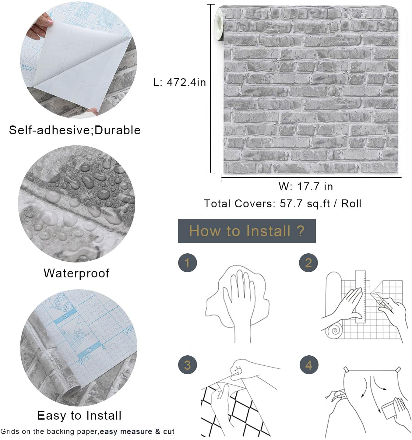 Timeet 17.7" x 472" Grey Brick Wallpaper Peel and Stick Wallpaper Self-Adhesive Wallpaper for Bedroom Living Room Decoration Vinyl Film Roll