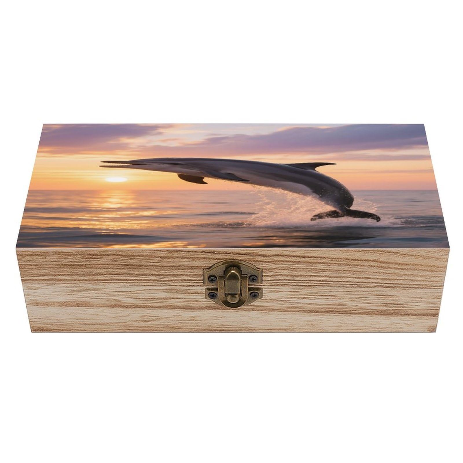 VstaDank Dolphin Sunset Wooden Box Sturdy Vintage Storage Box with Hinged Lid Exquisite Wood Keepsake Boxes Large Jewelry Case Cute Trinket Holder Unique Gift for Men & Women
