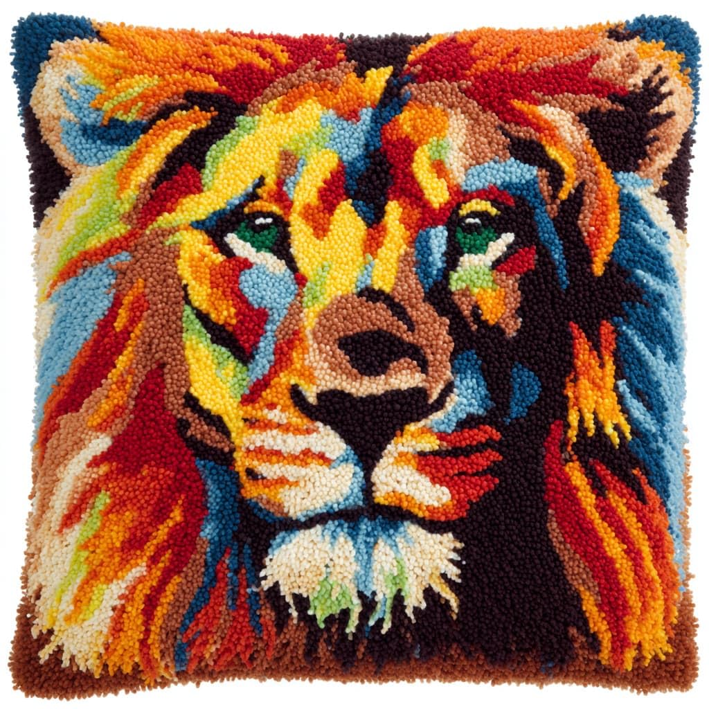 Taxpy DIY Latch Hook Cushion Kits, Animal Lion DIY Latch Hook Embroidery Set Crochet Needlework Crafts Pillow with Printed Canvas 43x43cm