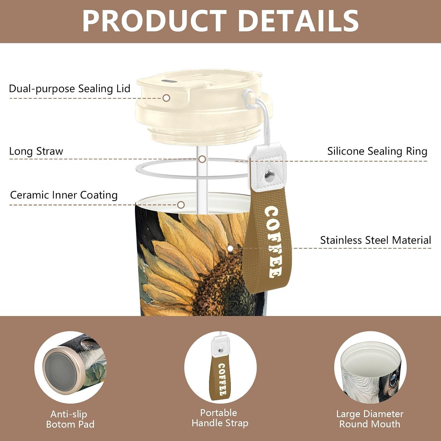 Cow Sunflower Closeup Insulated Coffee Mug with Straw & Flip Lid, 16.9oz Iced Tumbler Cup, Double Wall Vacuum Mug for Travel Office