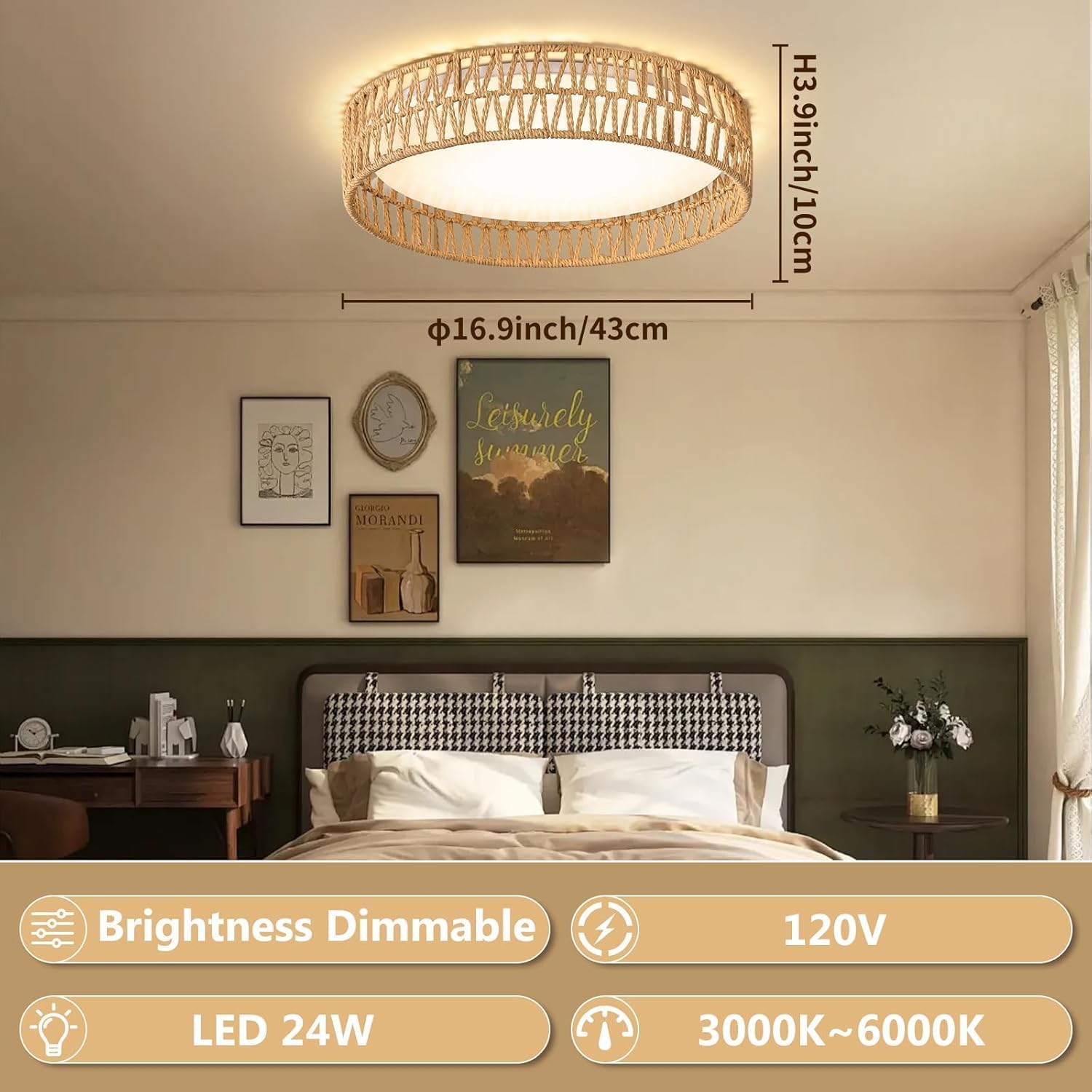 LED Rattan Flush Mount Ceiling Light Fixture, Boho Light Fixtures Ceiling 16.9 inch, 24W Dimmable Rattan Ceiling Light 5CCT 3000K-6000K for Hallway Bedroom Kitchen Entryway Living Room