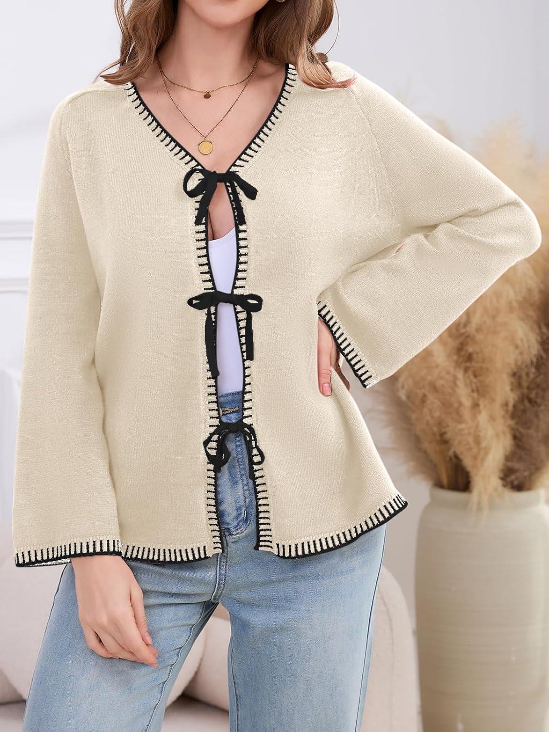 Tie Front Bow Cardigan for Women Trendy 2025 Casual Bell Long Sleeve Chunky Knit Cardigan Sweater Winter Clothing Coat - Image 2