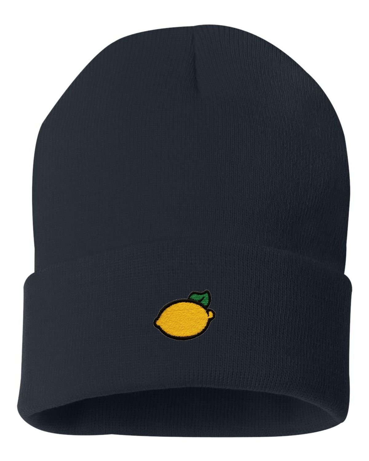 Go All Out One Size Navy Cuffed Lemon Embroidered Cuffed Knit Beanie Cap