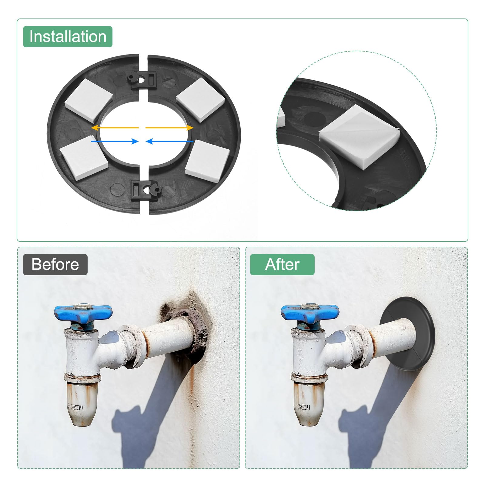 M METERXITY 2-Pack Wall Split Flange, Para Tubería De 2 Pulgadas/50mm OD Placa ABS Escutcheon Plate Redonda Placas De Cubierta De Fontanería Autoadhesivas Para Tubería De Agua/Grifo [Negro]