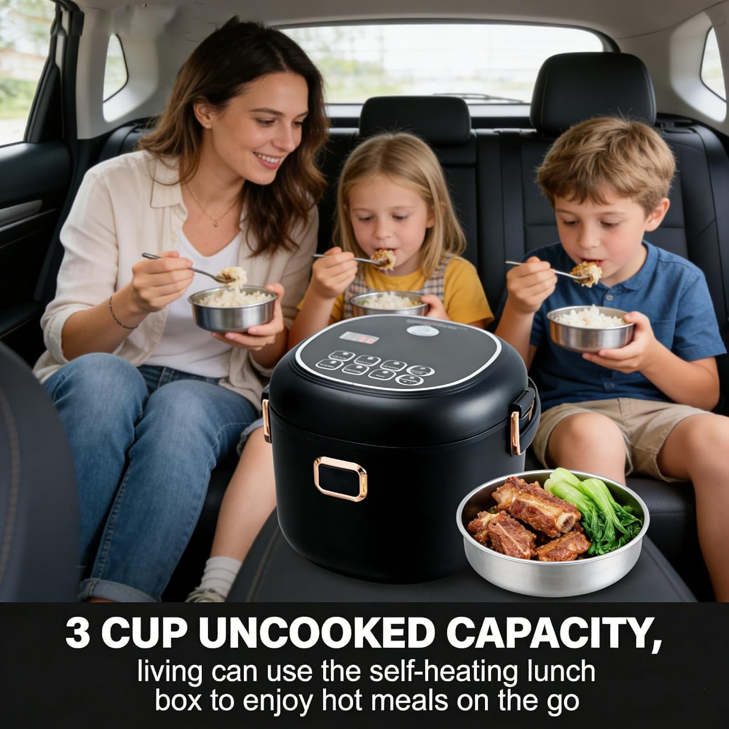 Mini Rice Cooker 2L Electric Lunch Box Food Heater 12V/24V Portable Non-Stick Travel For Car Truck Small Rice Cooker with Steam Tray Cooking Heating and Keeping Warm Function(Black)