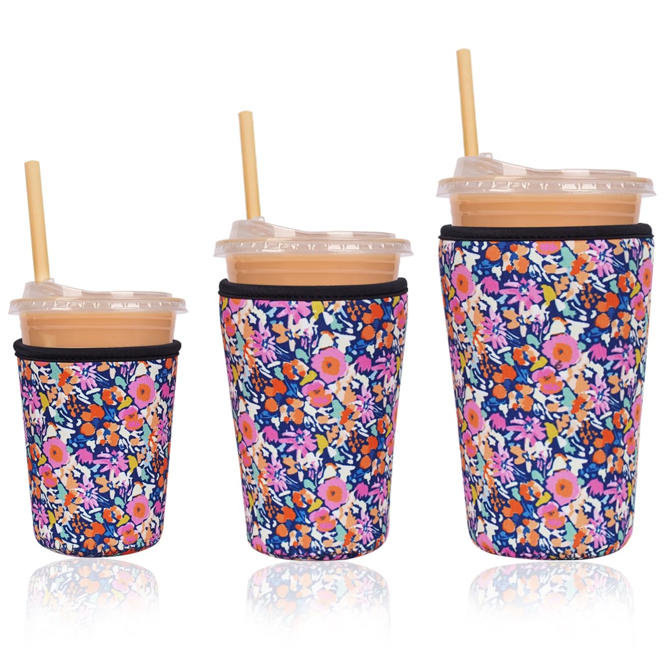 Reusable Insulated Neoprene Iced Coffee Cup Sleeve, Durable Drink Sleeve for Cold Beverages, Beverage Holder for Iced Coffee (Bloom Frenzy)