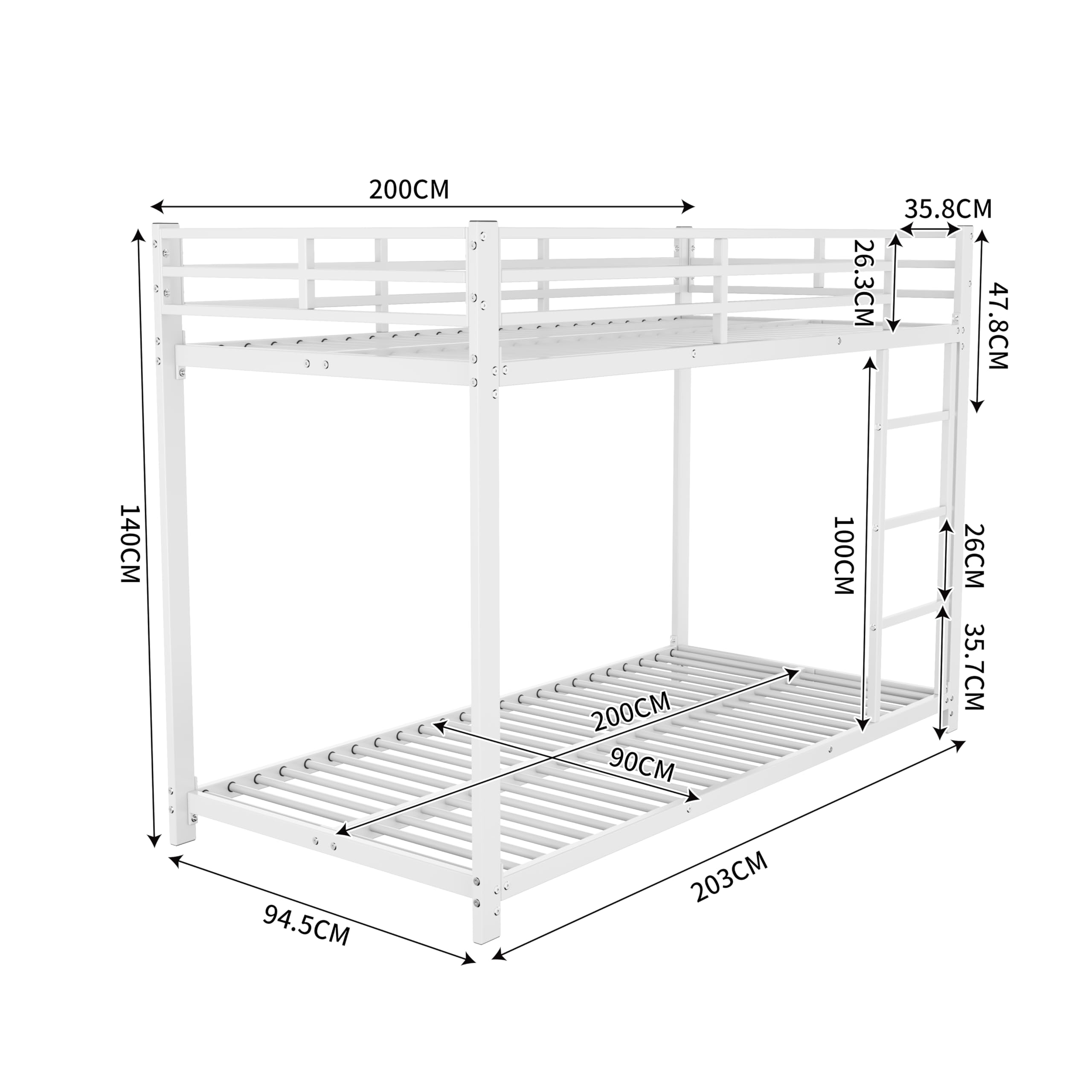 Generisch 90 x 200 lettini per bambini, letti a castello, letti in ferro, forma classica, colore bianco