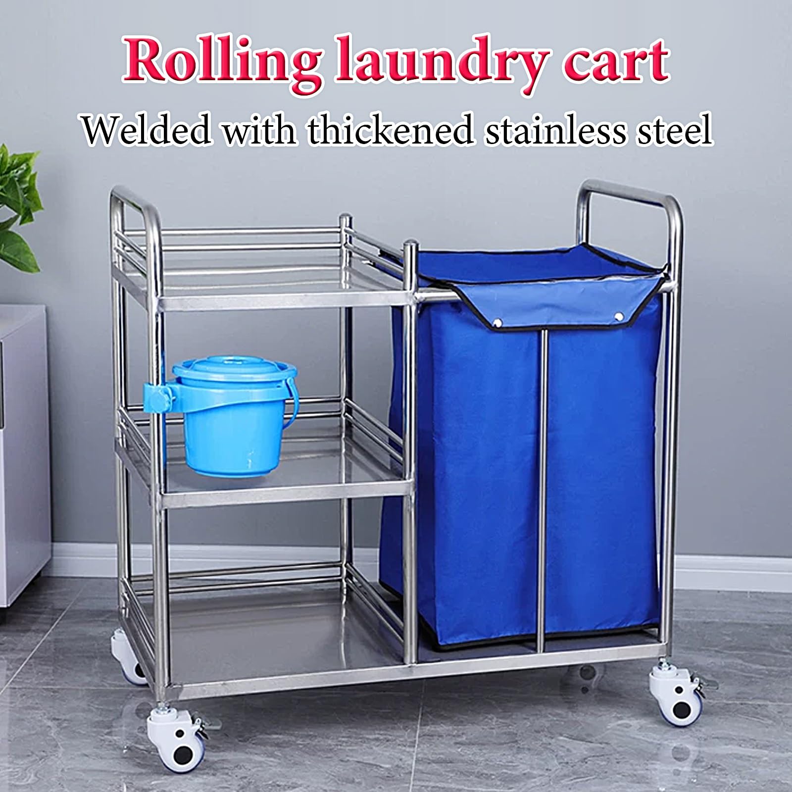 Gewerblicher Wäschewagen mit Rollen Aus Edelstahl 3-Stufiger Wäschesortierer mit Rädern Großer Wäschekorb mit Wasserdichtem Wäschesack für Hotels Restaurants Schulen(90x45x86cm)