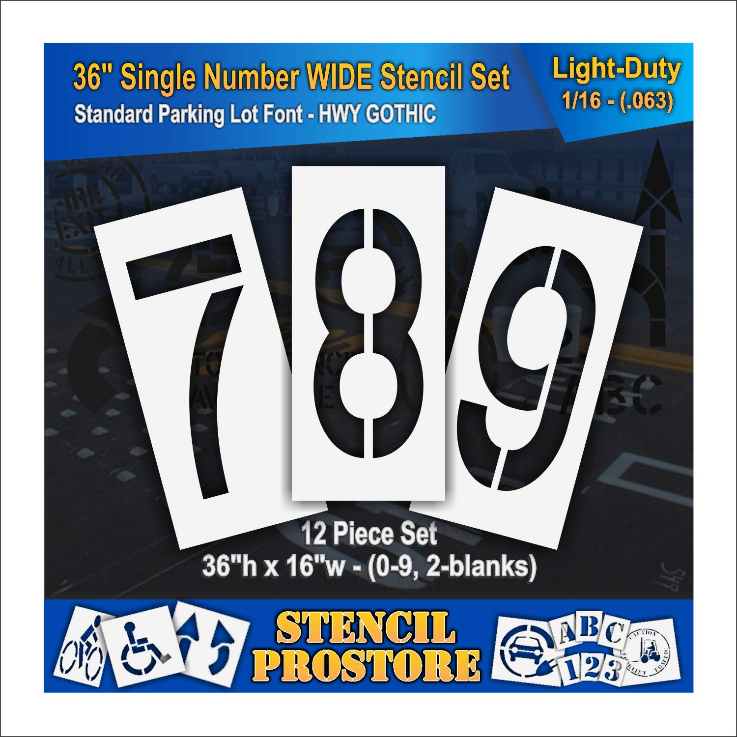 Pavement Stencils - 36 inch Number Stencil (Wide) Set (12 Pieces) - 0-9 - 36" x 16" x 1/16" (63 mil) - Light-Duty