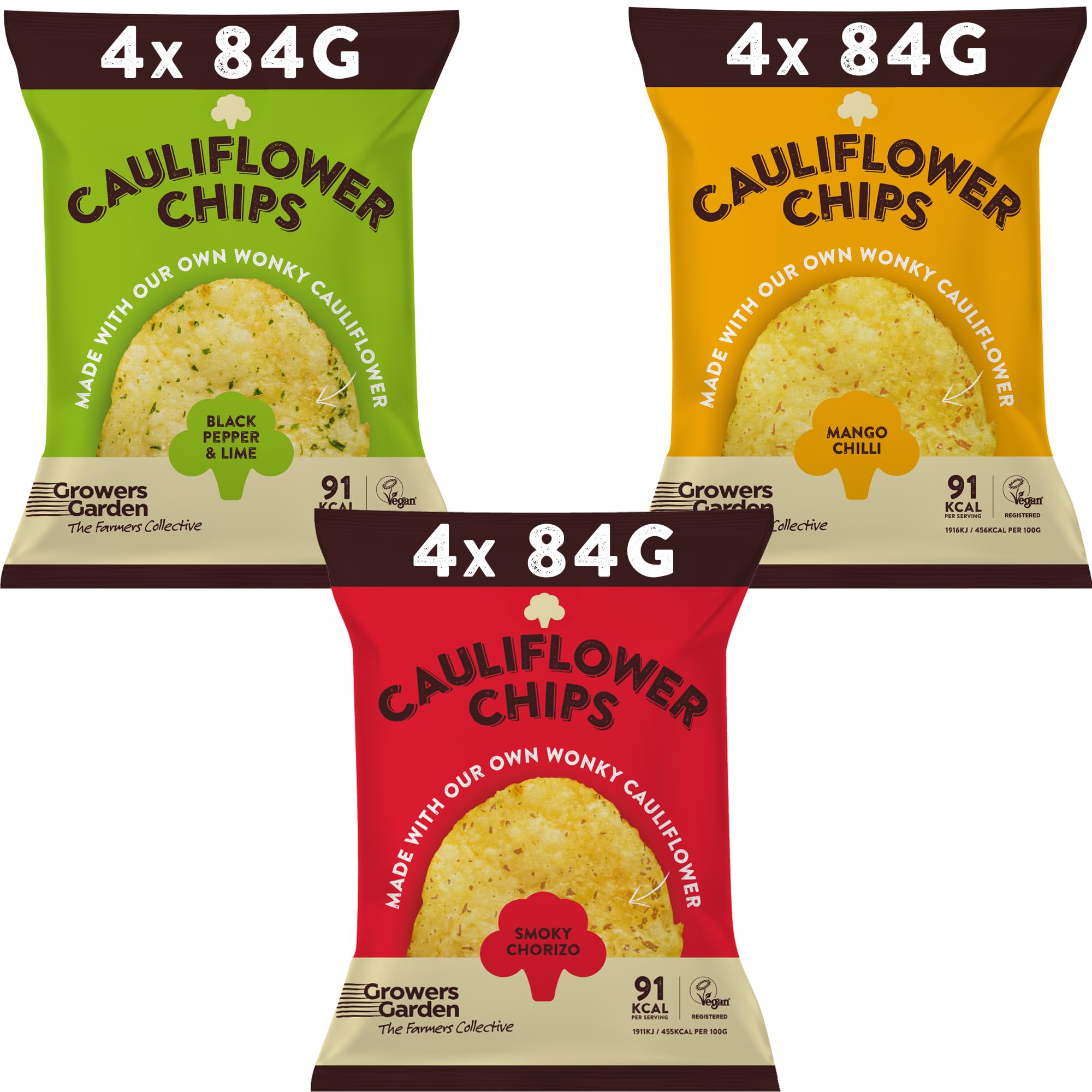 Growers Garden Cauliflower Crisps 12 x 84g Sharing Bags (4 x Black Pepper & Lime, 4 x Mango Chilli, 4 x Smoky Chorizo) Low Calorie Snacks, 28% Cauliflower Vegetable Crisps, Vegan Healthy Crisps