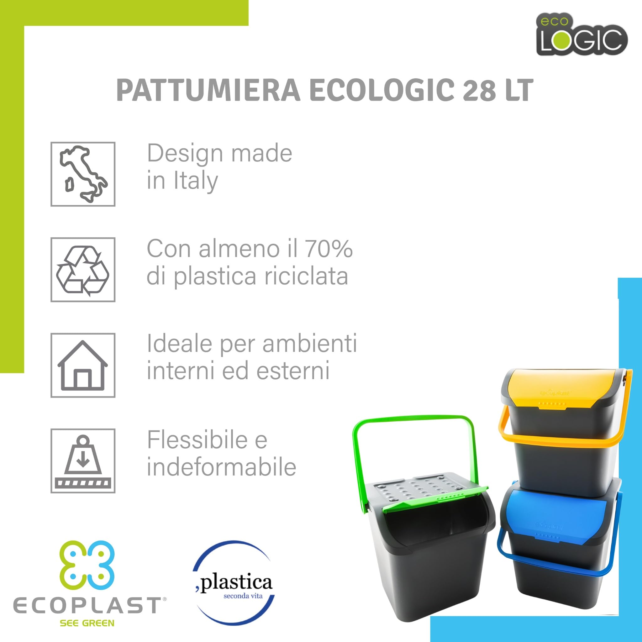 Ecoplast | Tris di Pattumiere per Raccolta Differenziata 28 Lt, Colori Assortiti Giallo/Verde/Blu, 38x36,5x37, Made in Italy