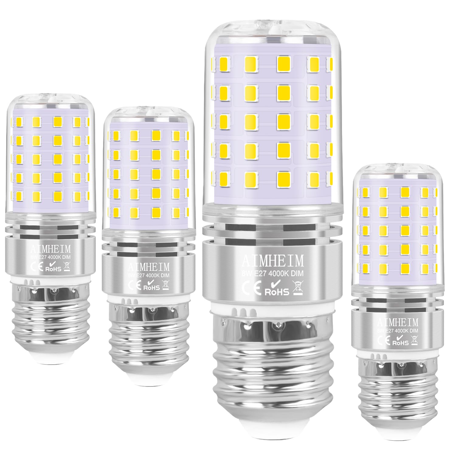 AIMHEIM LED Lampen E27 Neutralweiß Dimmbar 8W Ersetzt 80W, Birne e27 Maiskolben Lampen 4000K, LED Leuchtmittel Kein Flackern, Energiesparlampe LED, 4 Stück