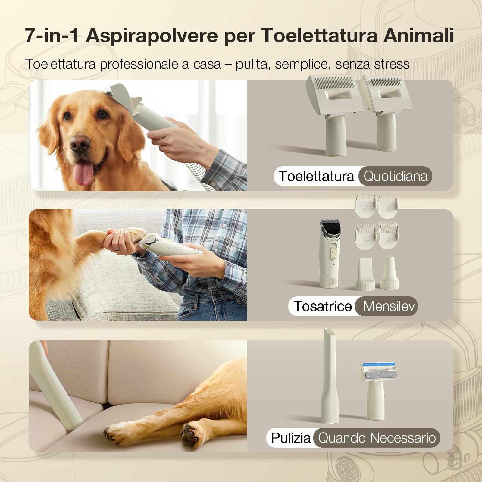 PETGUGU Tosatrice per Cani con Aspirapolvere, 7-in-1 Toelettatura per Cani e Gatti, 11000Pa Potente Aspirazione, Contenitore 2.5L, Dispositivo Silenzioso con 3 Livelli e Funzione Asciugatura, M1 Pro
