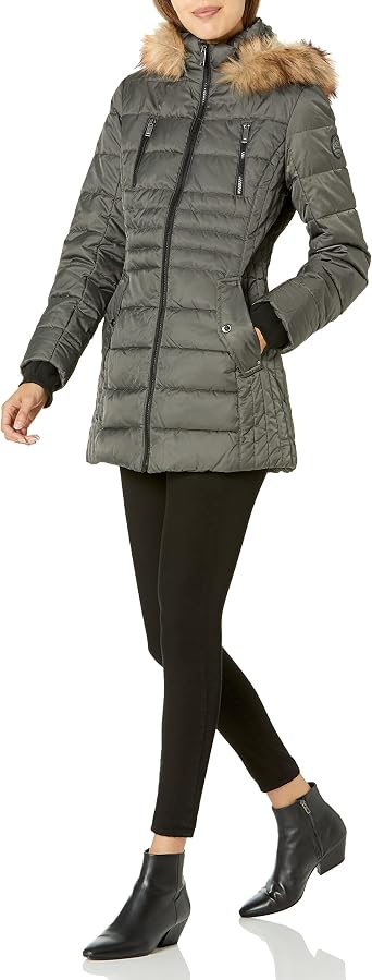 HFX Womens 3/4 Puffer Jacket With Faux Fur Trimmed Hood and Cinched Waist, Water Resistant