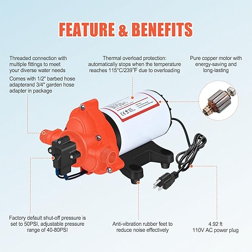 Miniatura 5 de Bomba de presión de agua de 110 V, 4.0 GPM, 50 PSI, alimentación de CA bajo demanda, bomba de diafragma de transferencia de agua autocebante,