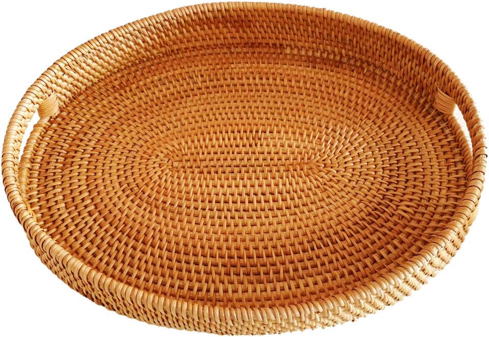 i-lan Oval Rattan X-Large Severing Tray for Fruit,Breakfast, Drinks,Food Storage Platters Plate Snack for Coffee Table, 15 Inch Woven Decorative Wicker Tray Basket with Handle and 2” Wall(XL-38cm) - Image 9