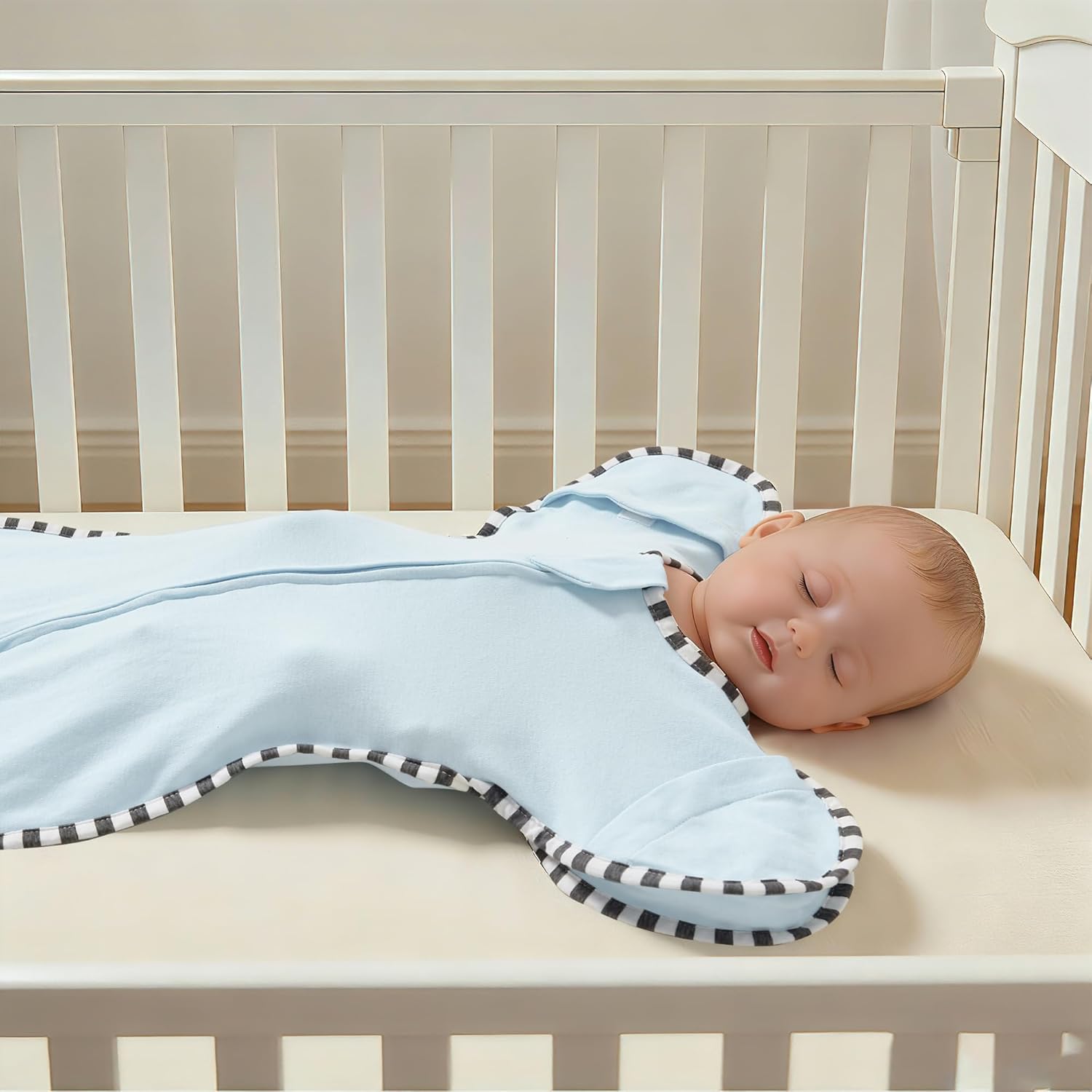 Soft Cotton Swaddle Blanket, Arms Up Baby Sleep Transitional Swaddle Sack Wearable Sleeping Bag for Boy Girl (Light Blue + Light Grey, M(3-6 Months))