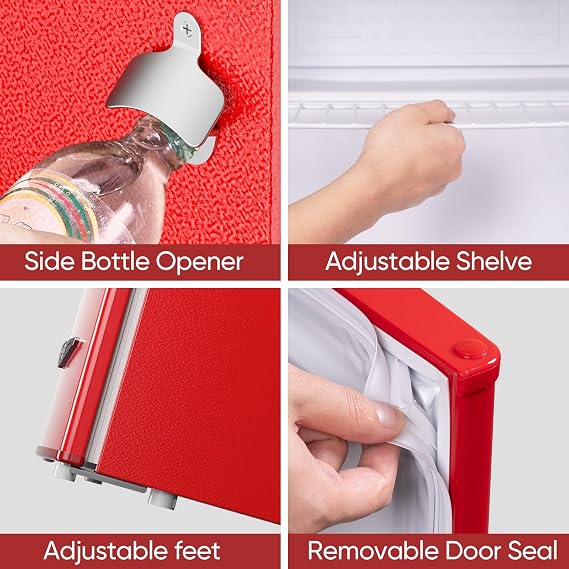 Upstreman 1.7 Cu.Ft Retro Mini Fridge, Low Noise, Energy Saving, Adjustable Thermostat, Single Door, Side Bottle Opener, Metal Handle, Compact Refrigerator for Office, Bedroom, Dorm-FR17 PRO (Red)