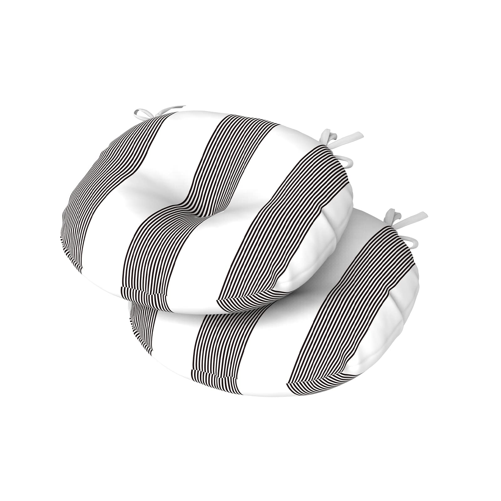 Set of 2 Patio Round Chair Cushions with Ties 15"x15"x4",Bistro Seat Cushions Water Repellent,Outdoor Tufted Chair Pads Suitable for Garden,Dining,Bar Stool - Stripe Cabana Black