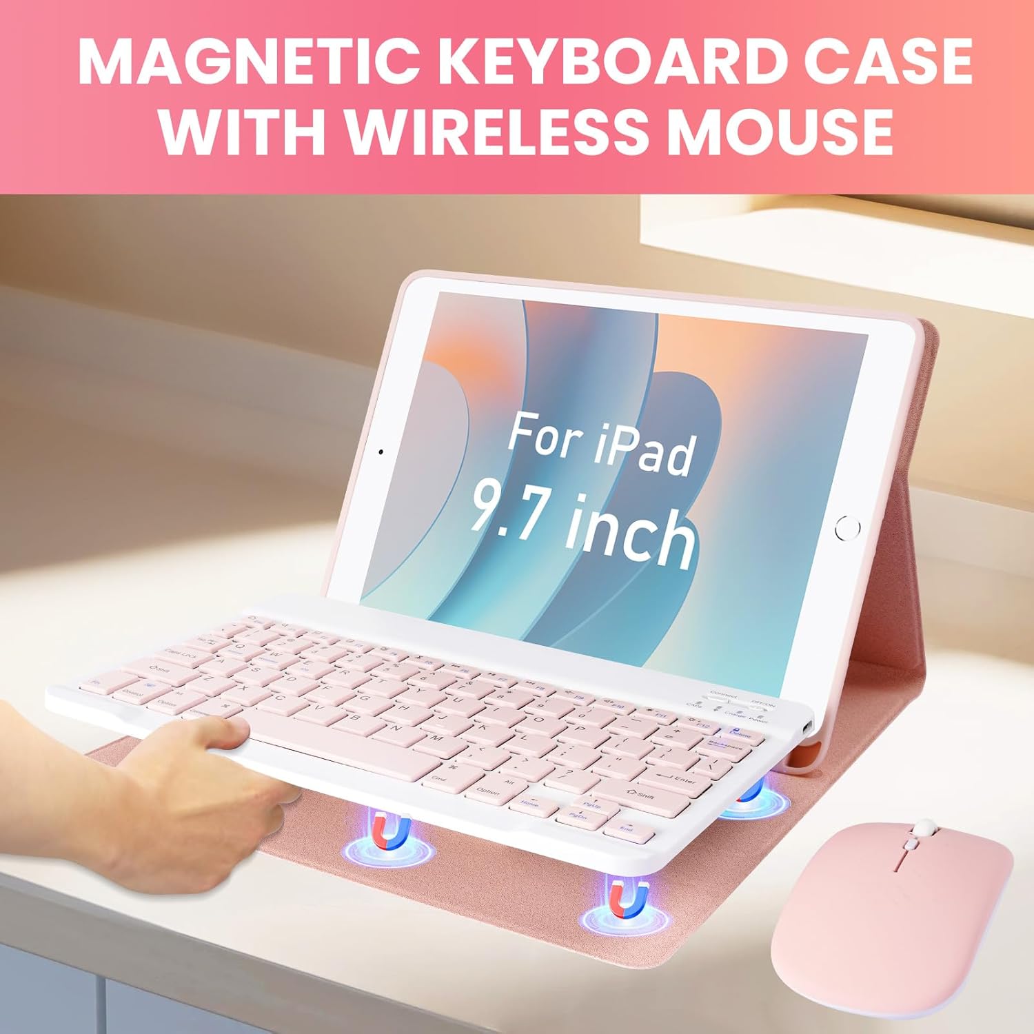 LAMA for iPad 9.7 inch Case with Keyboard and Mouse for iPad 9.7 inch 2018 (6th Gen)/ 2017 (5th Gen)/2016 iPad Pro/Air 2/1, Thin - Detachable - Wireless Keyboard Cover with Pencil Holder, Pink