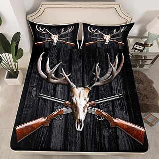 Deer Hunt Fitted Sheet Twin Size,Elk Antler Hunting Animals Bedding Set 2Pcs for Kids Boys Men Room Decor,Rustic Farmhouse Old Wood Door Bed Sheet Vintage Black Deep Packet Sheet,1 Pillowcase