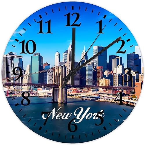 Reloj de pared pequeño de Nueva York, reloj de mesa de paisaje urbano, movimiento de cuarzo, números árabes, rascacielos y horizonte, reloj redondo