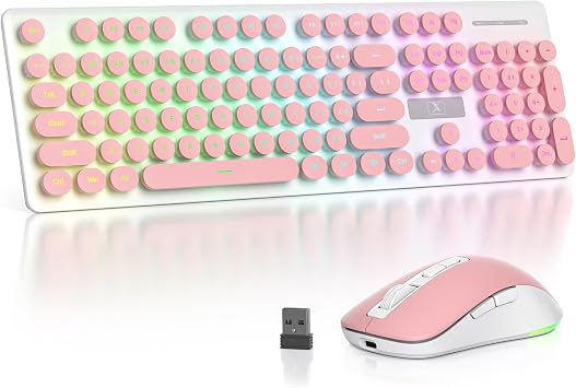 Backlit Pink Keyboard and Mouse Wireless, 2.4GHz Light Up Typewriter Rechargeable Quiet Keyboard Cordless with USB Receiver for PC/LaptopPink