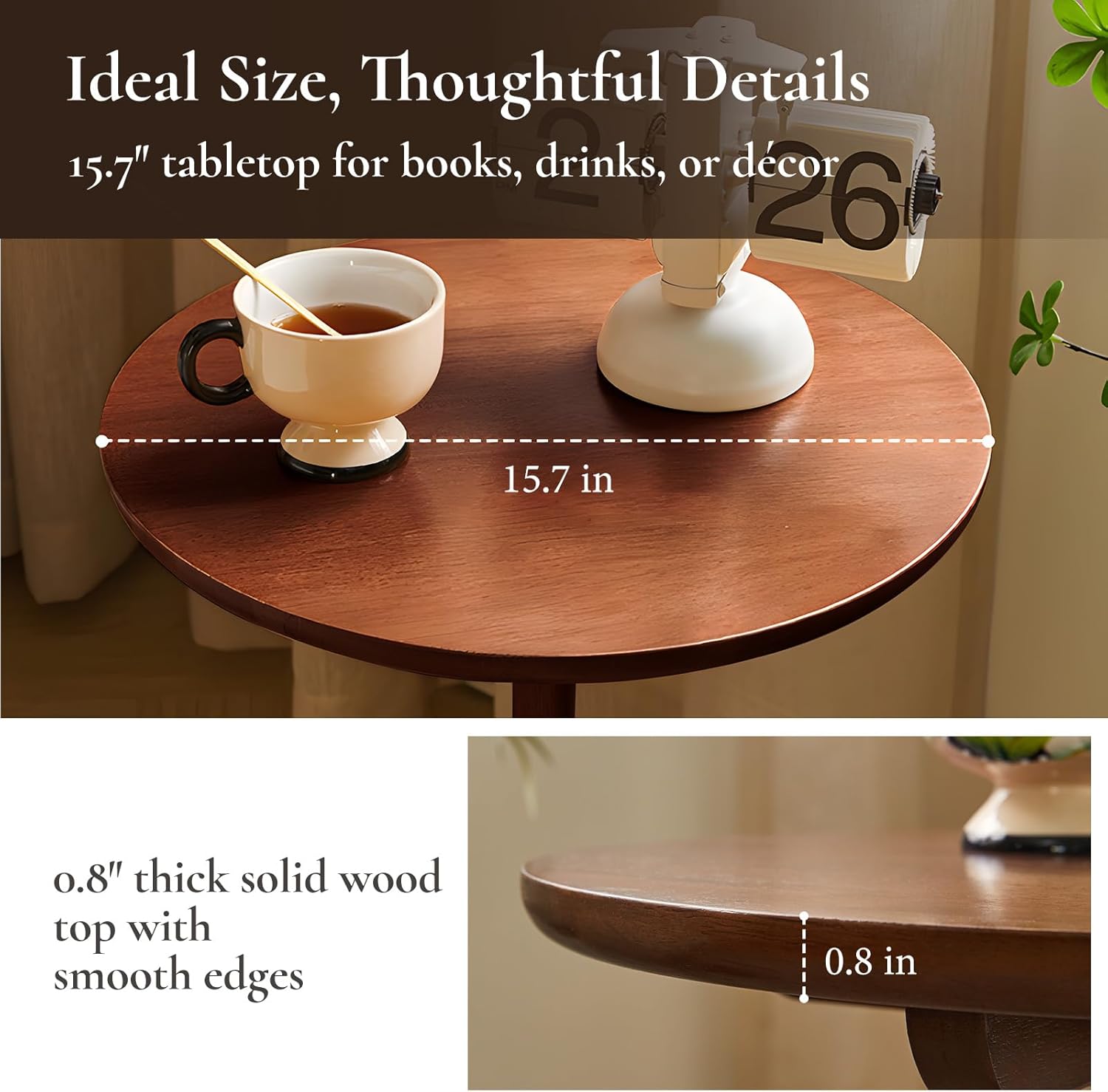 Small Round Side Table, Solid Wood End Table with Adjustable Height, Portable Accent Coffee Table, Nightstand,15.75" Dia.x 23.62" H,(Walnut)