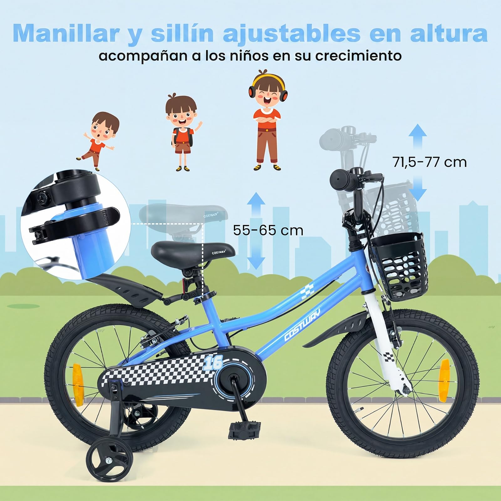 COSTWAY Bicicleta Niños 14/16 Pulgadas, Bicicleta Infantil con Ruedas Estabilizadoras Desmontables, Freno de Mano y en V, Asiento y Manillar Ajustables, Cesta y Campana