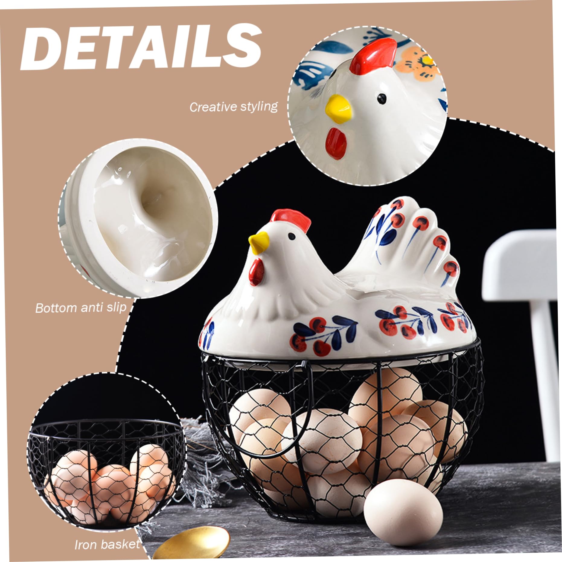 Soporte de huevo de gallina de cerámica, cesta de alambre hueco con base no deslizante y tapa, organizador de encimera para recoger huevos frescos