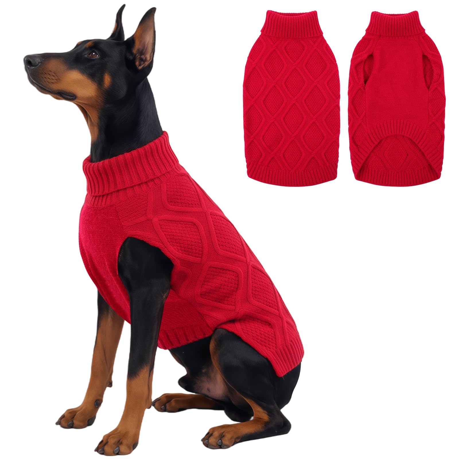 KONVINIT XXL Grosse Hundepullover Winter Warm Haustier Pullover Pflegeleicht und Dehnbar Hund Pullover mit Rollkragen Zopfstrick-Muster in Rot