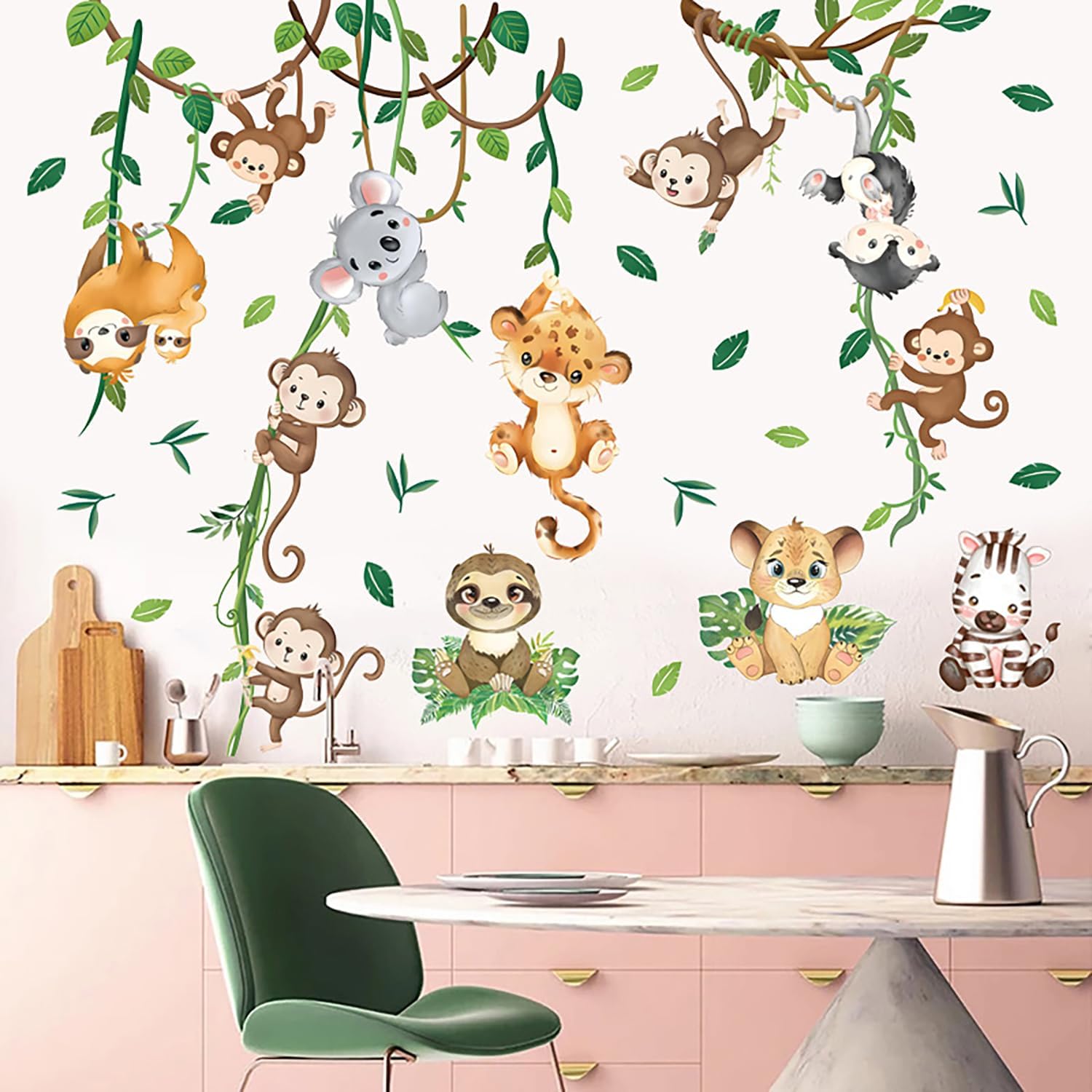 Cartoon Jungle Animal Wall Stickers, Monkey Koala Tiger Lion Zebra Tree Vine Wall Stickers for Bedroom Playroom Safari Animal Themed Wall Decor Art Wall Decor (Jungle Hanging Animals)