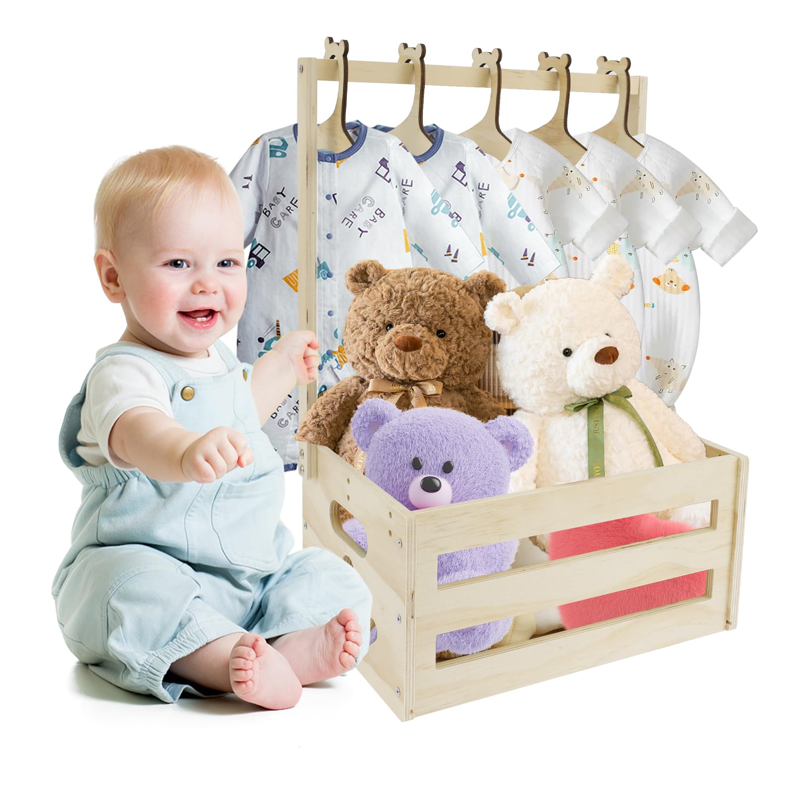 Baby Shower Crate Closet,Wooden Baby Basket with 5 Hangers,Baby Storage Crate with Adjustable Handle,Wood Baby Hamper for Baby Shower Pregnancy New Parent Gifts