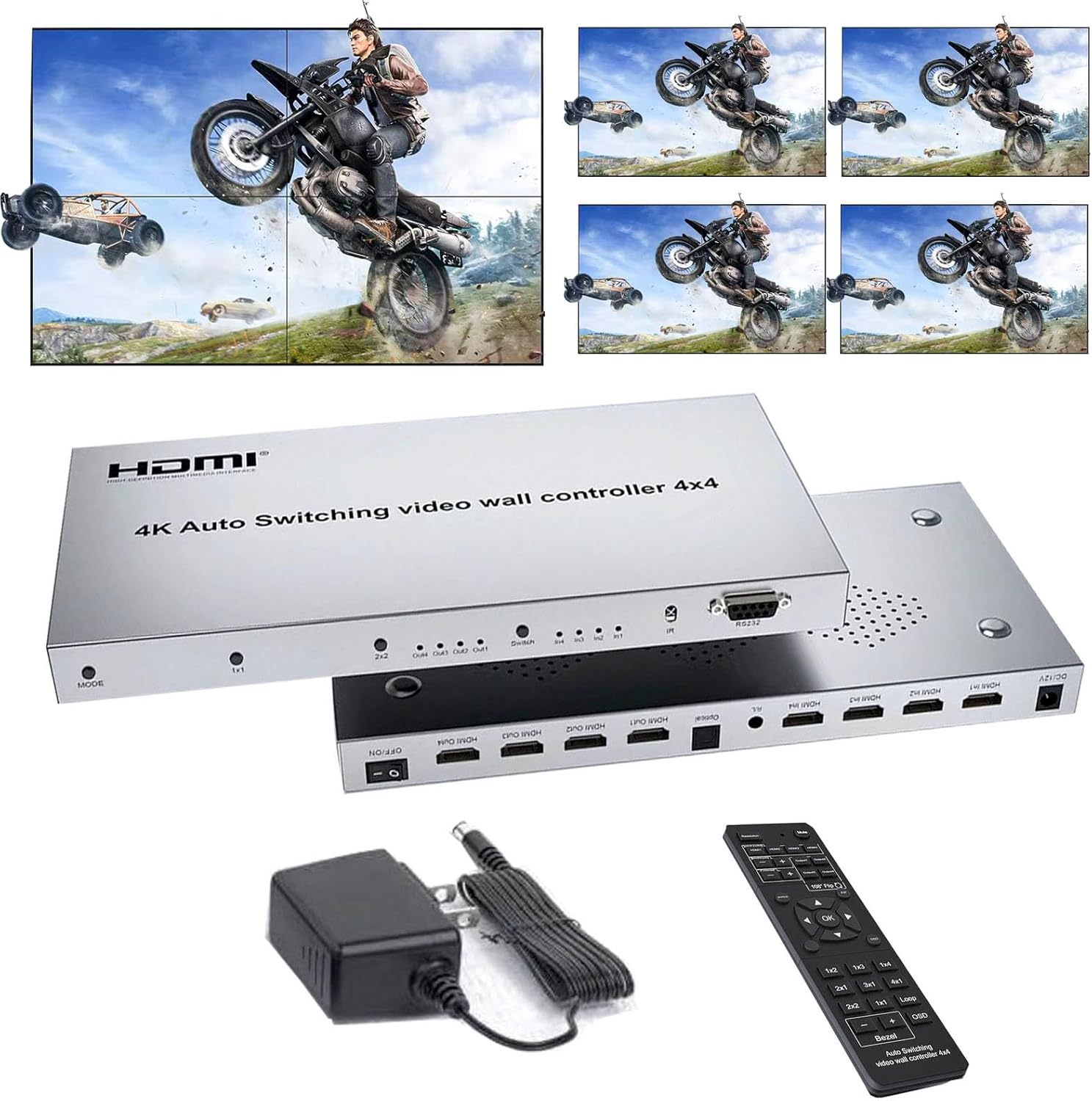 4k Video Wall Controller 4X4 Matrix Switch Splitter 4 HDMI in 4 HDMI Out Switcher 3.5mm Output Audio Support Auto Switching IR Remote RS232 180° flip 12 Splicing Modes 2x2 1x2 1x3 1x4 2x1 3x1 4x1 etc