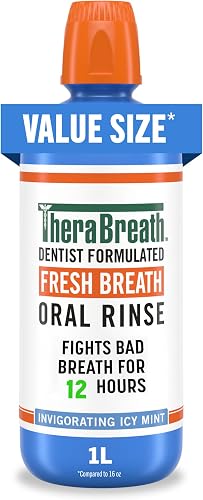 TheraBreath Fresh Breath Oral Rinse, Invigorating ICY Mint Flavor, Dentist Formulated and ADA-Accepted Mouthwash for Bad Breath pH-Balanced, Alcohol Free & Non-Burning, 1 Liter
