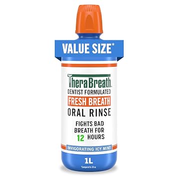 TheraBreath Fresh Breath Oral Rinse, Invigorating ICY Mint Flavor, Dentist Formulated and ADA-Accepted Mouthwash for Bad Breath pH-Balanced, Alcohol Free & Non-Burning, 1 Liter