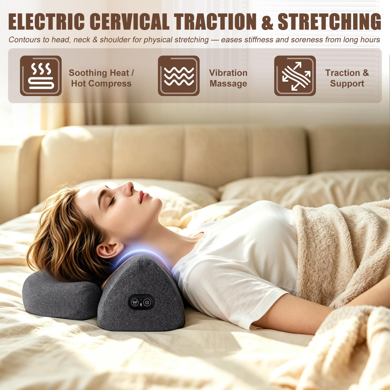 Cojín masajeador Cervical con calefacción, 3 en 1 masajeador de espalda y cerevicales con calefacción, vibración y tracción, intensidad ajustable, para aliviar el dolor de los tejidos profundos