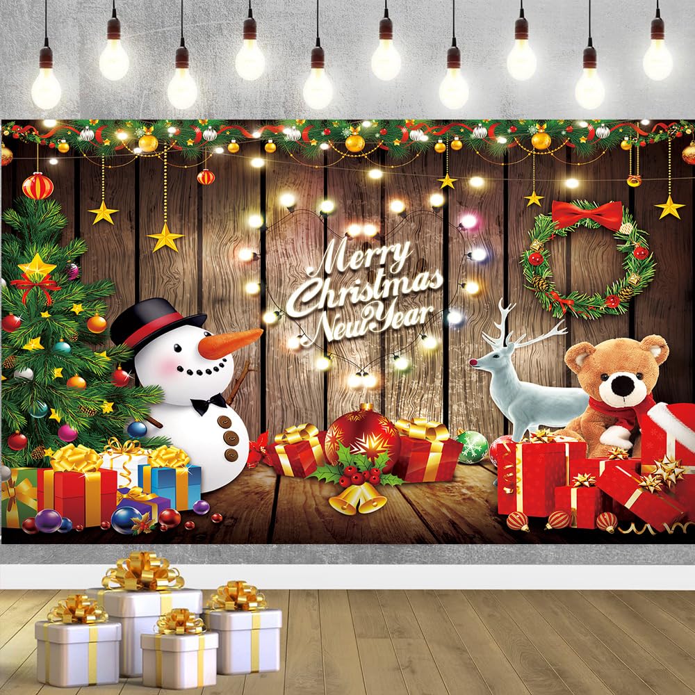 YinQin 7x5ft New Year Christmas Backdrop Banner 84x60 inch Merry Christmas Eve Photo Backgrounds Christmas Trees Snowman Elk Xmas Party Decor Banner for Photo Booth Studio (Green)