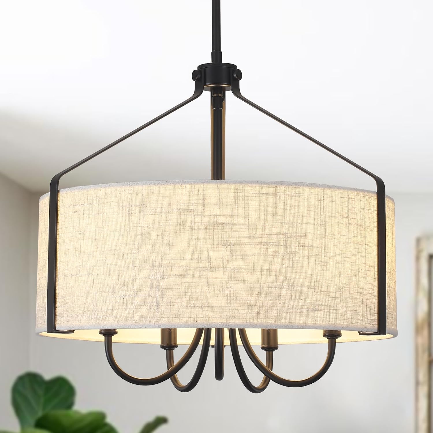 5-Light Large Farmhouse Chandelier, Linen Drum Chandeliers for Dining Room, Modern Drum Pendant Hanging Ceiling Light Fixture for Bedroom Living Room Staircase Entryway Kitchen Foyer Lighting Fixtures Black(18.3'')
