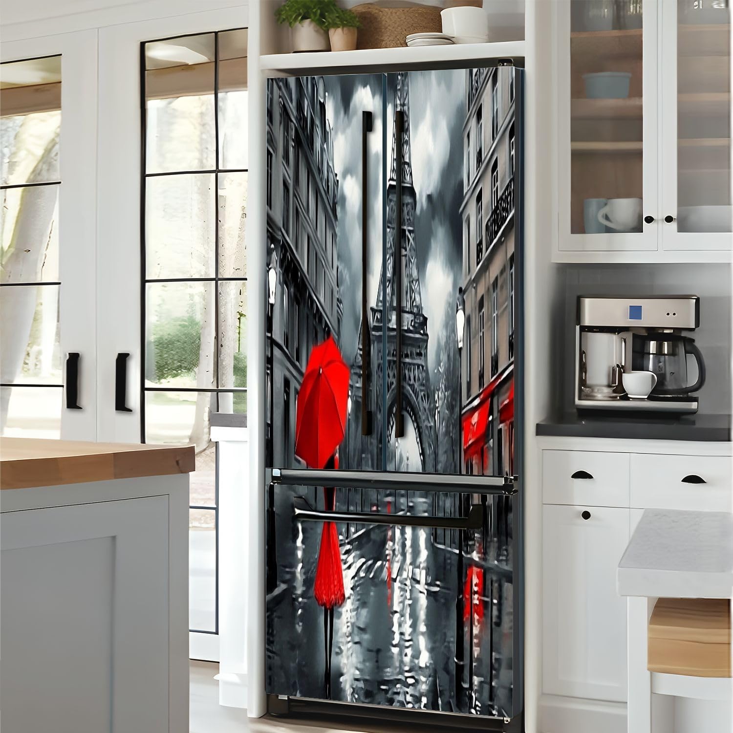 Self Adhesive Vinyl Refrigerator Wrap Oil Black red Umbrella Rainy Night Paris Tower Collection Door Mural Sticker Peel and Stick Removable Door Cover Fridge Wrap Decal for Kitchen Decor