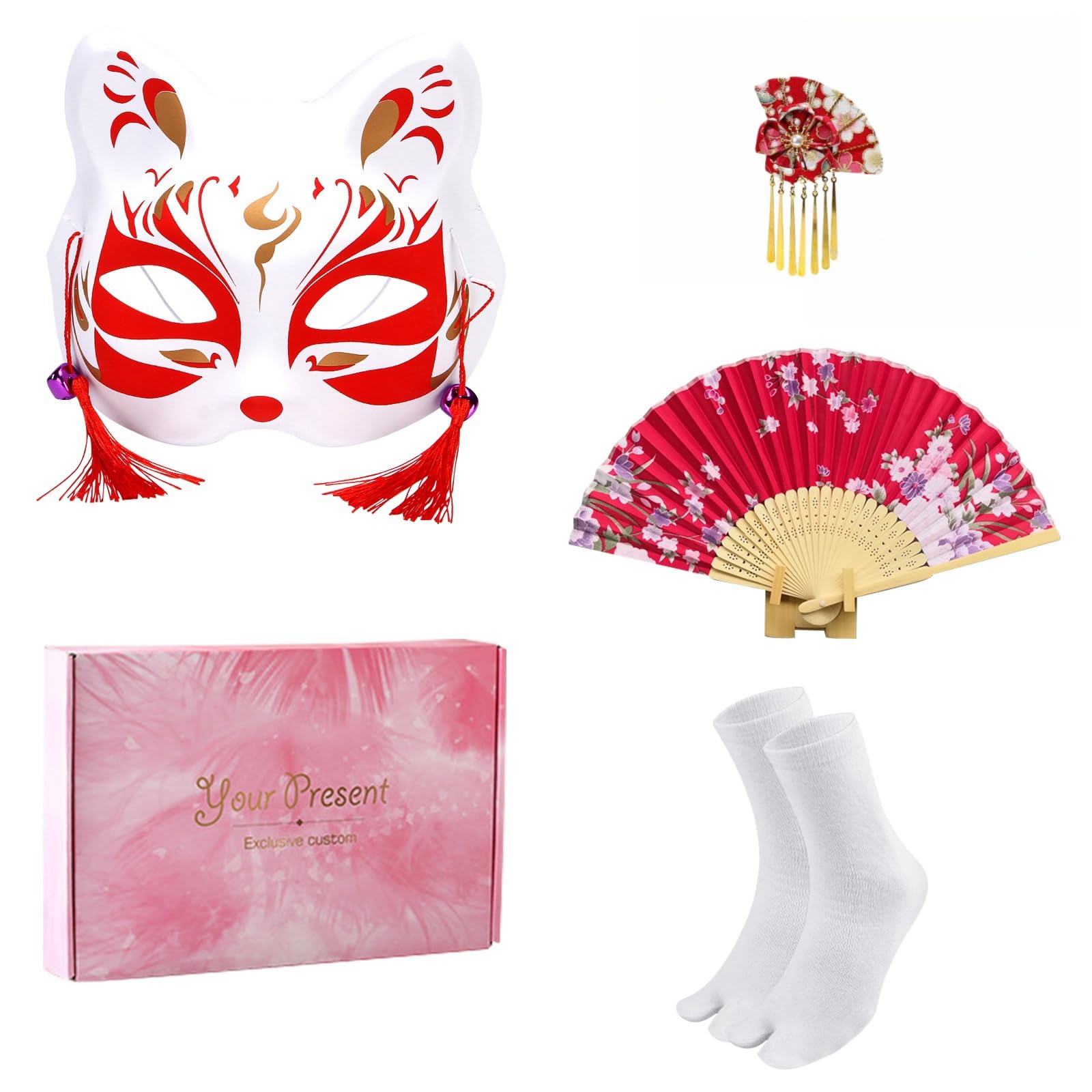 5 Pezzi Kimono Donna Giapponese, Tradizionale Vestito Geisha Yukata Abito, Set di Costumi Cosplay con Accessori Ventaglio Pieghevole, Maschera, Calze e Spilla per Capelli