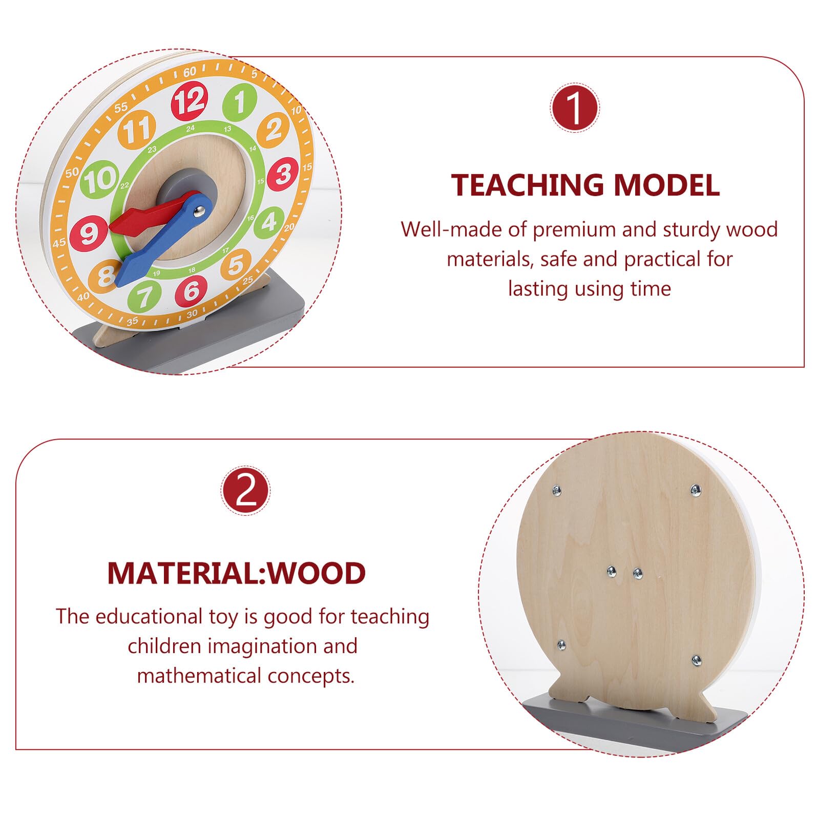 Reloj de Enseñanza de Madera para Niños, Decoracion Colegio, Número Reloj | Modelo Didáctico de Aprendizaje, Uso Educativo, Favorece la Noción, Formato Compacto