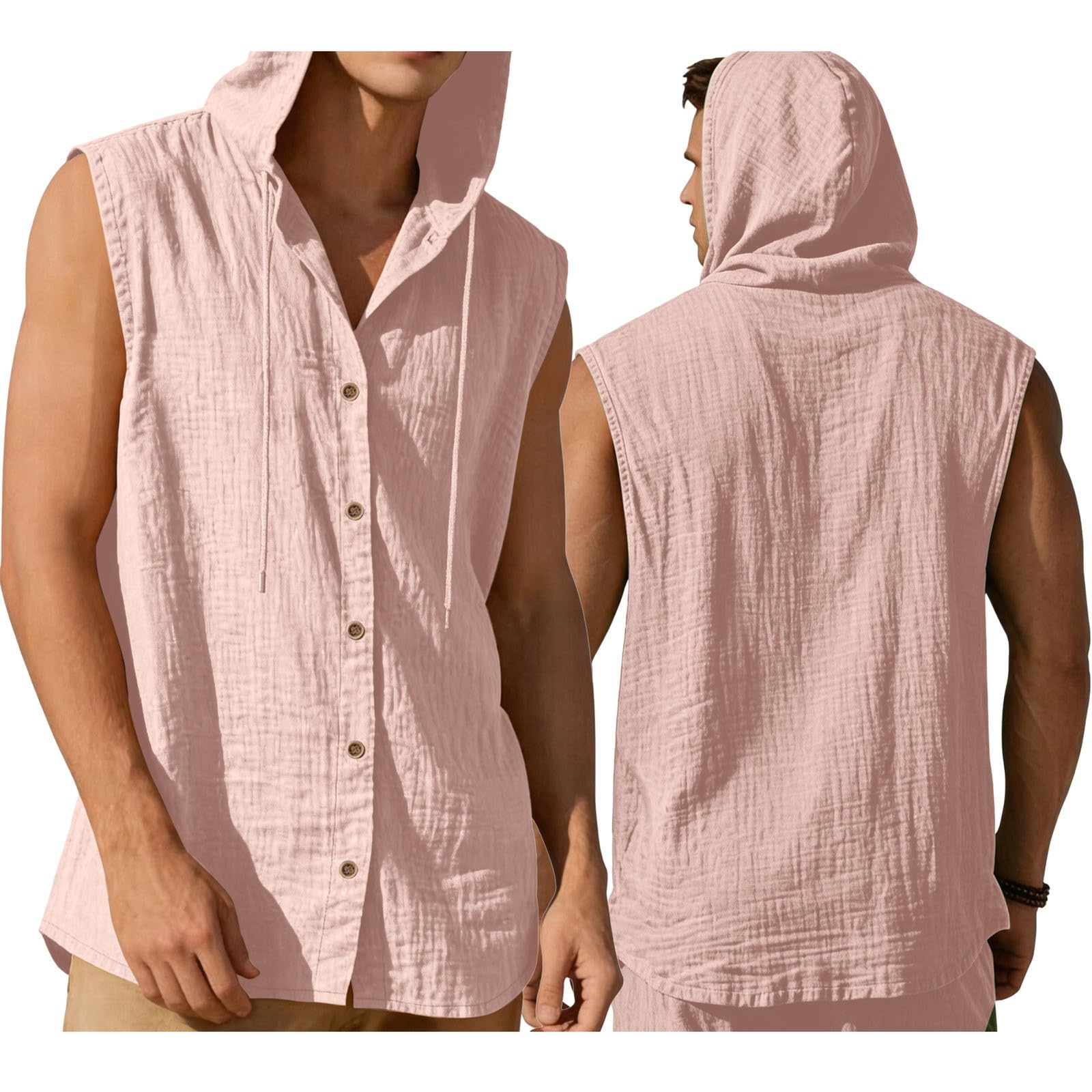 Chemise Lin Homme sans Manches éTé Chemises à Capuche BoutonnéE Chemisette De Plage DéContractéE Regular Fit Surchemise Respirant LéGèRe Veste Grande Taille Hoodie
