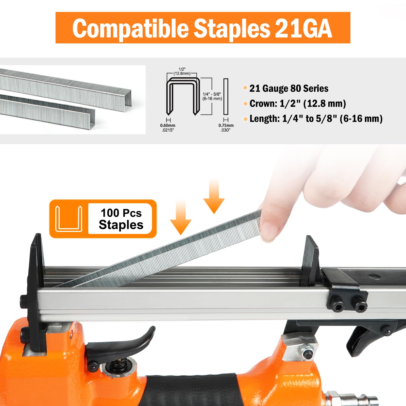 Kamsin 8016K - Pinzatrice pneumatica per tappezzeria, calibro 21, per graffette serie 80, corona 1/2" e gambe 1/4"-5/8", mobili, armadi, legno