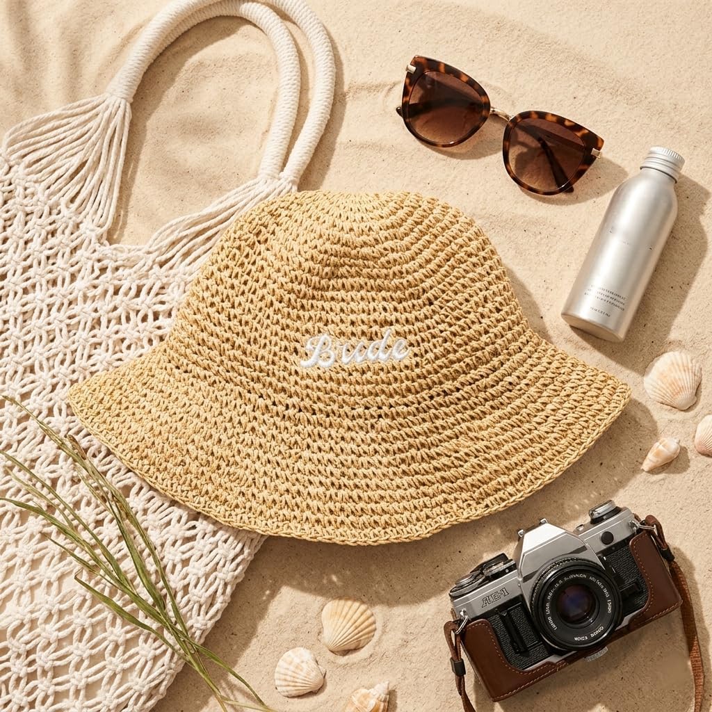 Bride Straw Bucket Hat Bridal Hat Beach Bachelorette Accessory Party Headwear Decorations Wedding Beige Honeymoon Gifts