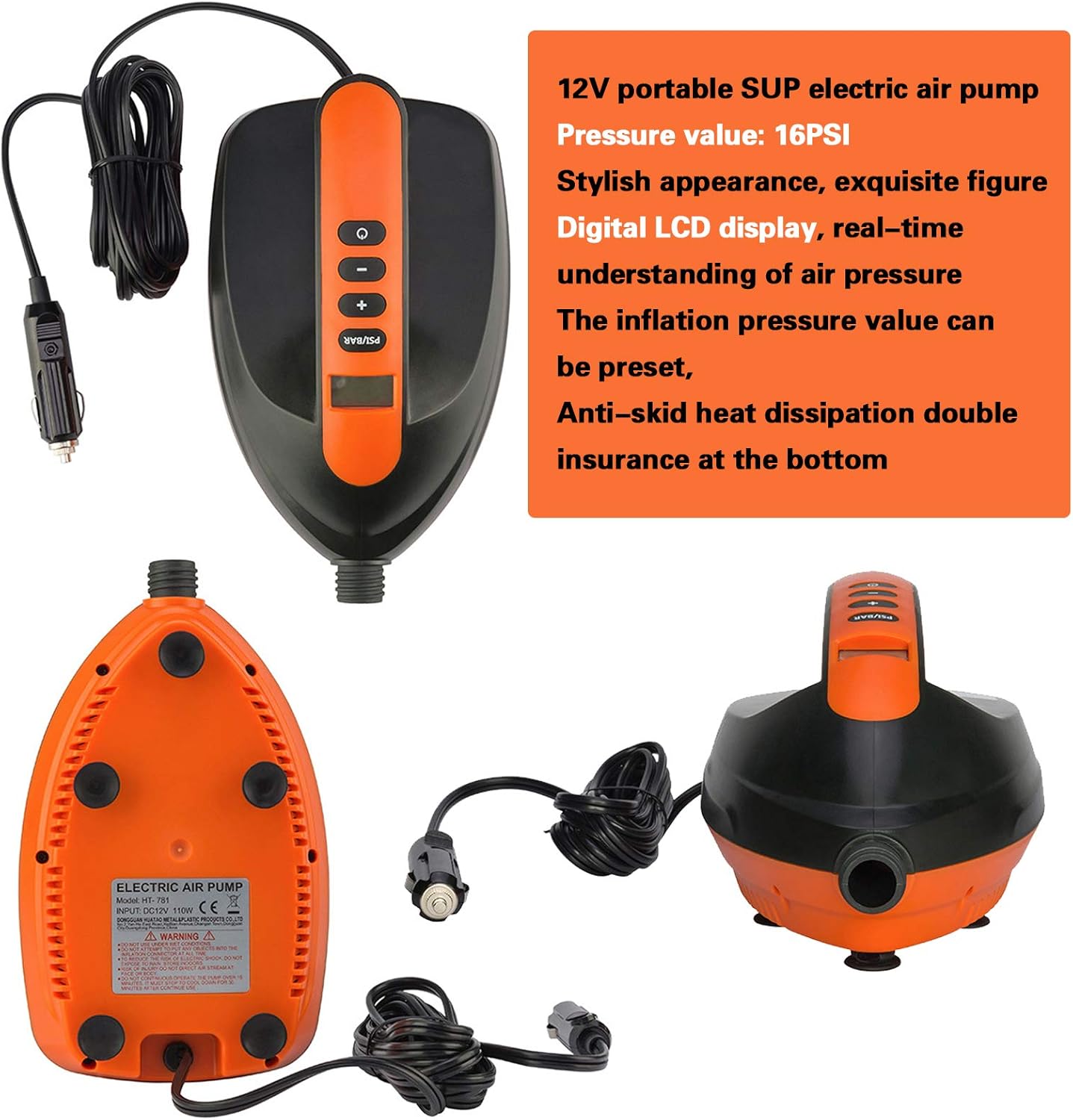 16PSI Max SUP Electric High Air Pump, Portable LCD Digital Electric Pump, 110W 12 Volt, Built in Temperature Sensor and Voltage Meter for Water Sport Inflatable SUP Stand Up Paddle Board : Sports & Outdoors