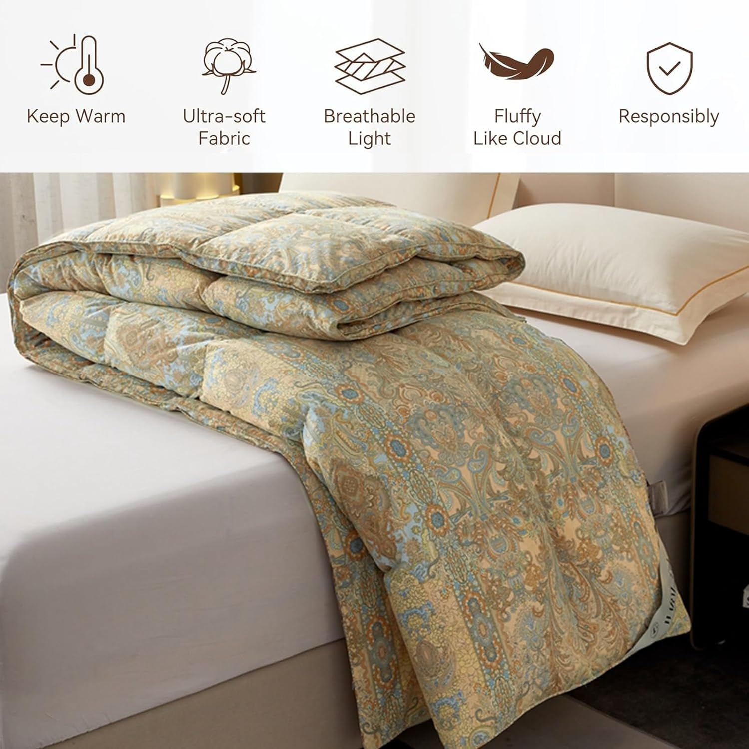 Goose Down Comforter, Queen Comforter Bedding Comforters,Fluffy Warm Duvet Insert,Buckled Duvet Core, Down Comforter Queen Size, 4 Corner Loops(Gold,78.7 * 90.5in/3kg)