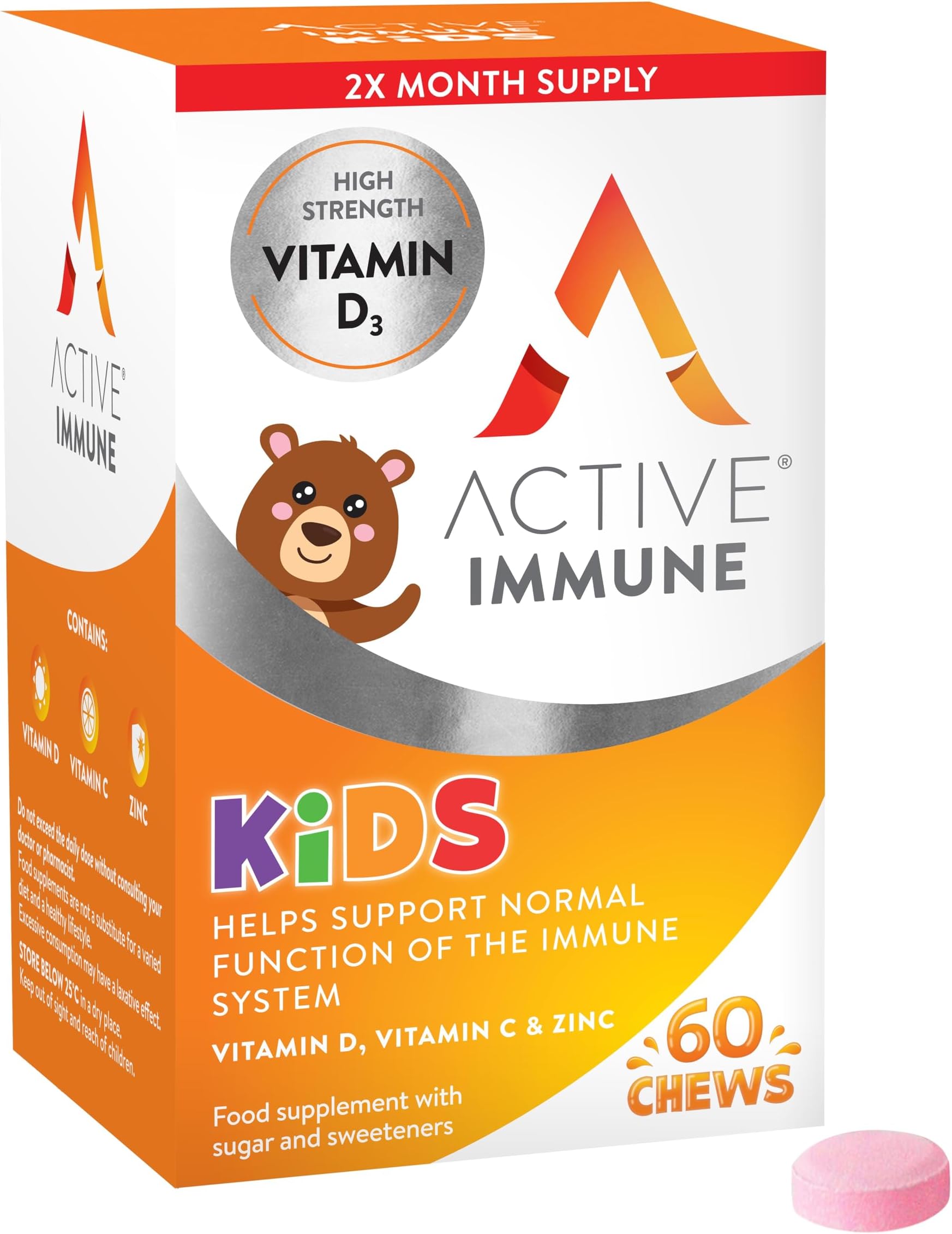Active Immune Kids Supplement, Vitamin D, C & Zinc, Daily Multivitamin for Kids Immune System, Chewable & Easy to Swallow, 60 Orange Flavoured Chews, 2 Month Supply